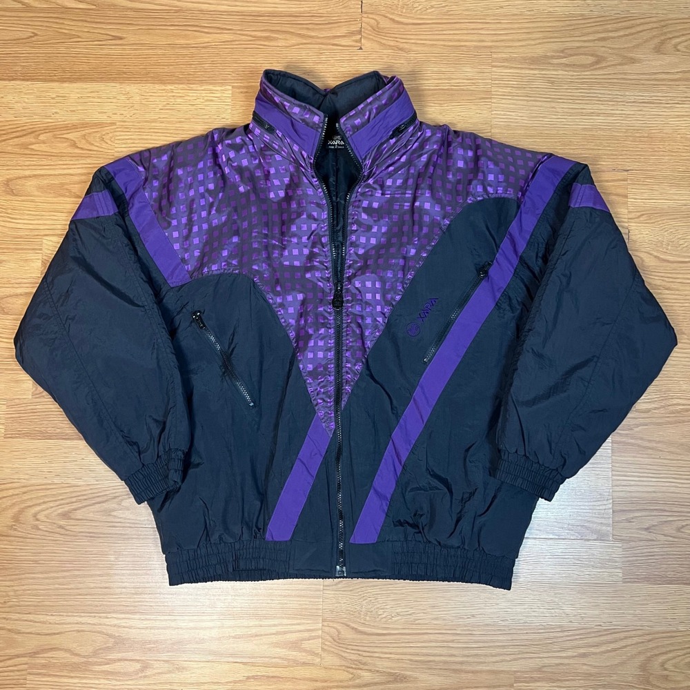 Vintage Xara Windbreaker Jacket Mens Large Purple Black Checkered 90s Retro Hood